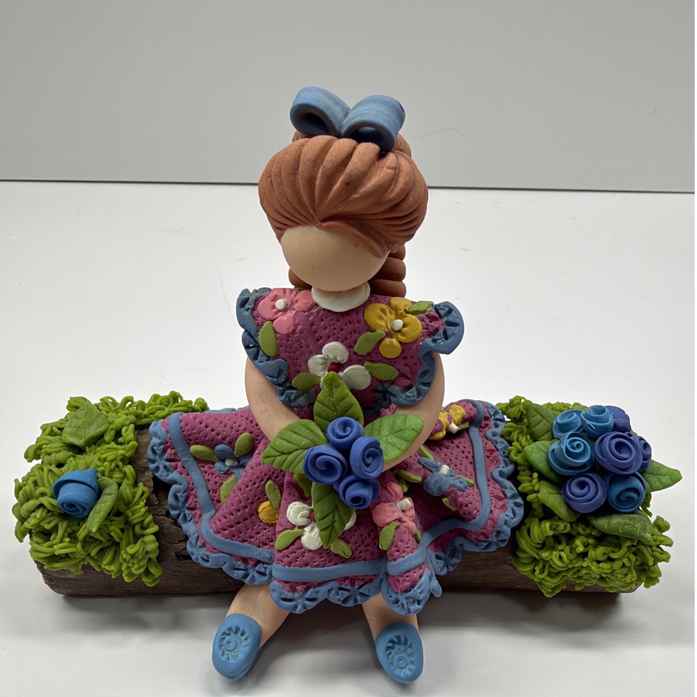 Handmade Polymer Clay Faceless Girl Figurine on Wood Log Blue Roses Folk Art